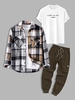 3 Pièces Ensemble de T-shirt Décontracté Chemise à Carreaux Imprimé en Flanelle et de Pantalon Cargo Taille unique Gris