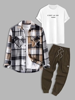 3 Pièces Ensemble de T-shirt Décontracté Chemise à Carreaux Imprimé en Flanelle et de Pantalon Cargo Taille unique Gris