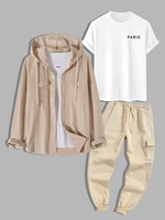 3 Pièces Ensemble de T-shirt Lettre Paris Chemise en Velours Côtelé et Pantalon de Jogging Doublure en Laine Taille unique Café lumière