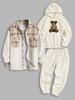 3 Pièces Ensemble de Veste à Capuche et de Pantalon Fourré à Carreaux Ours Brodé en Tissu Éponge Taille unique Blanc