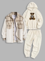 3 Pièces Ensemble de Veste à Capuche et de Pantalon Fourré à Carreaux Ours Brodé en Tissu Éponge Taille unique Blanc