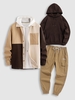 3 Pièces Ensemble de Veste Cargo et Pantalon de Jogging Légère en Blocs de Couleurs à Doublure en Laine Streetwear Taille unique Café