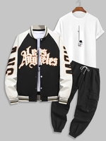 3 Pièces Ensemble de Veste de Base-ball Brodée et de T-Shirt à Imprimé Graphique Pantalon Cargo Taille unique Noir