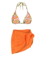 3 Pièces Maillot de Bain Bikini Rétro Triangulaire à Imprimé Floral Noué à Côté Taille unique Orange