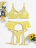 4 Pièces Ensemble de Lingerie à Bretelle en Résille avec Jarretelle L Jaune