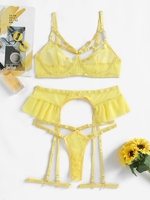 4 Pièces Ensemble de Lingerie à Bretelle en Résille avec Jarretelle L Jaune