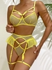 4 Pièces Ensemble de Lingerie à Bretelle en Résille avec Jarretelle M Jaune