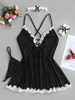 4 Pièces Ensemble de Lingerie en Dentelle Insérée avec Nœud Papillon S Noir