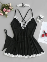 4 Pièces Ensemble de Lingerie en Dentelle Insérée avec Nœud Papillon S Noir