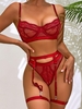 4 Pièces Ensemble de Lingerie en Dentelle Transparente en Résille L Rouge foncé