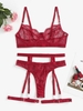 4 Pièces Ensemble de Lingerie en Dentelle Transparente en Résille M Rouge foncé