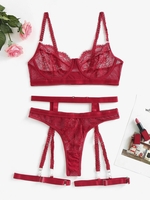 4 Pièces Ensemble de Lingerie en Dentelle Transparente en Résille M Rouge foncé