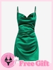 Achetez 1 Obtenez 1 Ensemble de Bikini Gratuit - Robe de Cocktail en Satin Drapée Lustrée M Vert