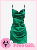 Achetez 1 Obtenez 1 Ensemble de Bikini Gratuit - Robe de Cocktail en Satin Drapée Lustrée M Vert