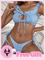 Achetez-en 1 Obtenez 1 Ensemble de Bikini Gratuit - Maillot de Bain Bikini Découpé à Volants à Corde S Bleu clair