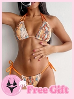 Achetez-en 1 Obtenez 1 Ensemble de Bikini Gratuit - Maillot de Bain Bikini en Pagne Côtelé à Dos Nu en Peau de Serpent L Orange foncé