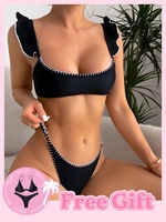Achetez-en 1 Obtenez-en 1 Ensemble de Bikini Gratuit - Maillot de Bain Bikini Cousu Anneau en O à Cordon à Volants S Noir