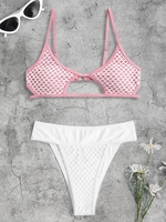 Bikini à Panneau Filet Ajouré à Coupe Haute Taille unique Rose clair