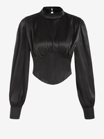 Blouse Corset en Satin Soyeux à Col Montant M Noir