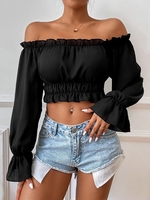Blouse Courte à Epaule Dénudée à Manches Longues à Volants L Noir