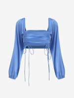 Blouse Courte Plissée en Satin L Bleu