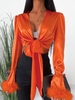 Blouse Enveloppée Plume à Ourlet en Satin à Manches Bouffantes d