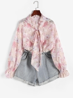 Blouse Florale Nouée à Manches Longues M Violet clair