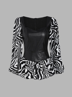Blouse Péplum à Imprimé Zèbre en PU Inséré M Noir