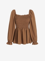 Blouse Smockée à Col Carré en Mousseline S Café