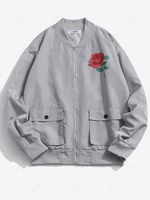 Blouson Aviateur de Base-ball avec Poche Zippé à Rabat Motif de Rose Fleur L Gris argenté