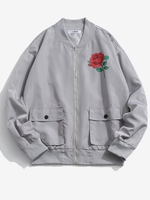 Blouson Aviateur de Base-ball avec Poche Zippé à Rabat Motif de Rose Fleur M Gris argenté