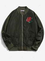 Blouson Aviateur de Base-ball avec Poche Zippé à Rabat Motif de Rose Fleur M Vert armée