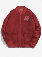 Blouson Aviateur de Base-ball avec Poche Zippé à Rabat Motif de Rose Fleur Xl Rouge foncé