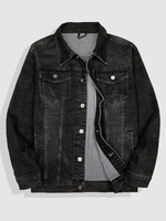 Blouson en Jean avec Revers à Imprimé Lettres L Noir