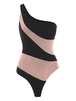 Body Bicolore Panneau en Maille à Une Epaule S Noir