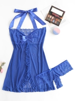Body de Lingerie en Dentelle en Maille de Grande Taille avec Nœud Papillon à Volants 2xl Bleu