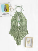 Body de Lingerie Noué Festonné en Dentelle sans Dos L Vert