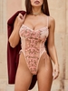 Body Lingerie Applique Fleuri en Maille Transparente à Lacets L Rose