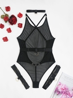 Body Lingerie Ceinturé Transparente avec Ras-du-Cou et Anneau à Jambe Large M Noir