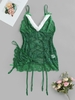 Body Lingerie de Noël à Empiècement Duveteux à Lacets avec T-string M Vert