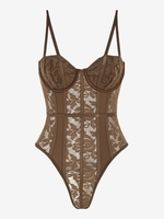 Body Lingerie en Dentelle en Maille Transparente à Armature L Café
