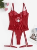 Body Lingerie en Dentelle en Résille à Jambe Haute avec Jarretière L Rouge