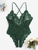 Body Lingerie Festonnée Croisé en Dentelle Transparente sans Entrejambe L Vert