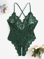 Body Lingerie Festonnée Croisé en Dentelle Transparente sans Entrejambe L Vert