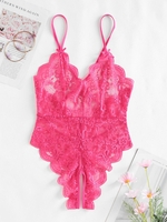Body Lingerie Festonnée Croisé en Dentelle Transparente sans Entrejambe M Rose clair