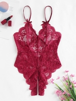 Body Lingerie Festonnée Croisé en Dentelle Transparente sans Entrejambe Xl Rouge foncé
