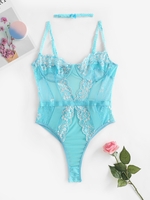 Body Lingerie Fleuri en Dentelle à Jambe Haute avec Nœud Papillon S Bleu clair