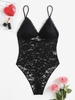 Body Lingerie Matelassé en Dentelle Transparente à Jambe Haute Sexy à Col Plongeant en Tissu Duveteux Xl Noir