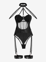 Body Lingerie Panneau en Tulle Transparent à Armature avec Jarretelle Ceinturée S Noir