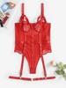Body Nuisette Panneau en Dentelle à Bretelle avec Jarretelle L Rouge